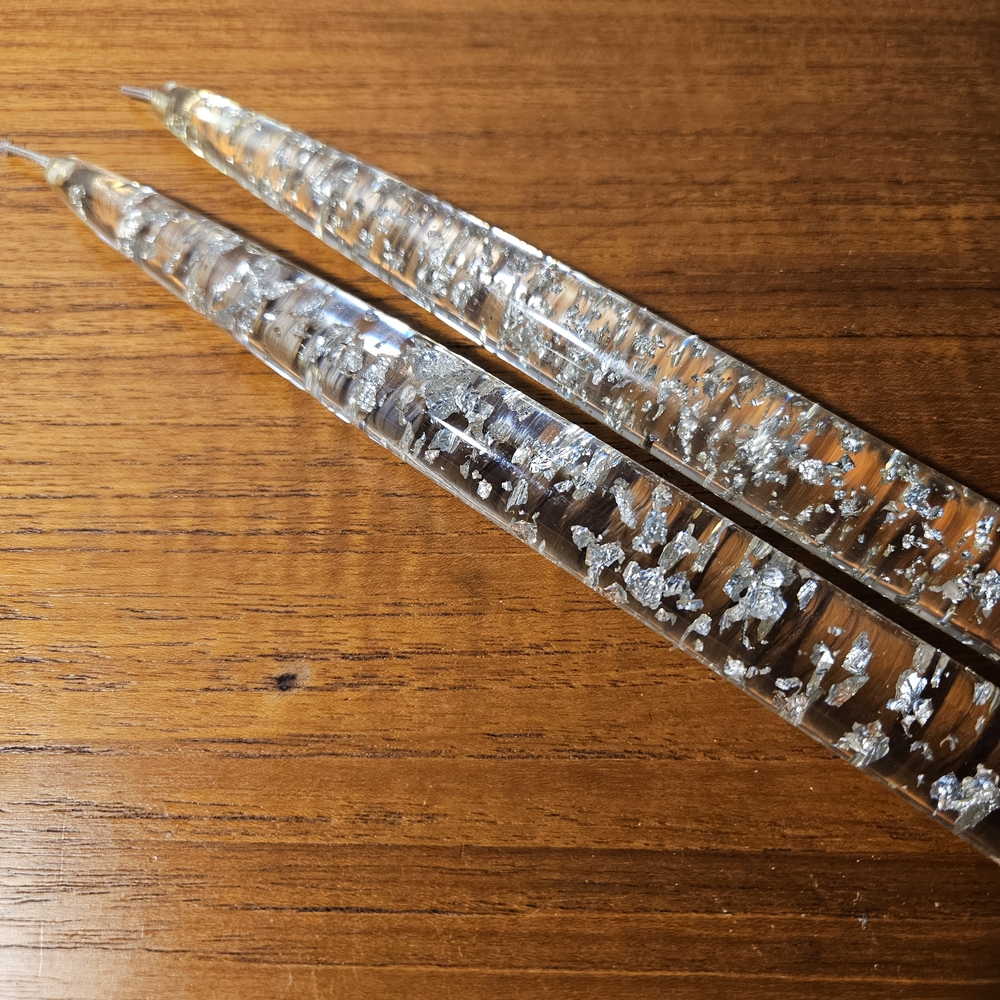 Vintage Set Of 2 MCM Lucite Taper Candles Clear Silver Flake